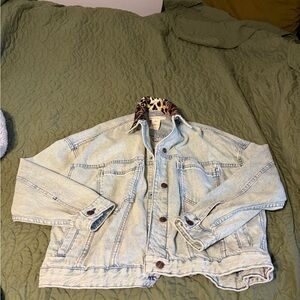 Tricia Fix Light Blue Denim Jacket with Animal Print Collar